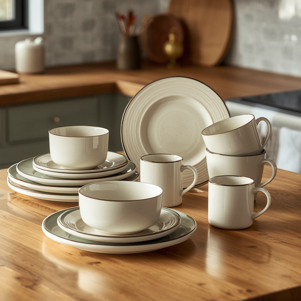 Tablevoro Tablevoro 16-Piece Stoneware Dinnerware Set for 4, Ivory & Sage Green - product image 2